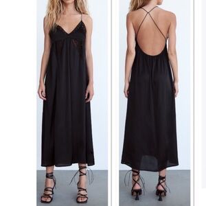 Zara Black Lace Midi Slip Dress - Satin Effect Open Back